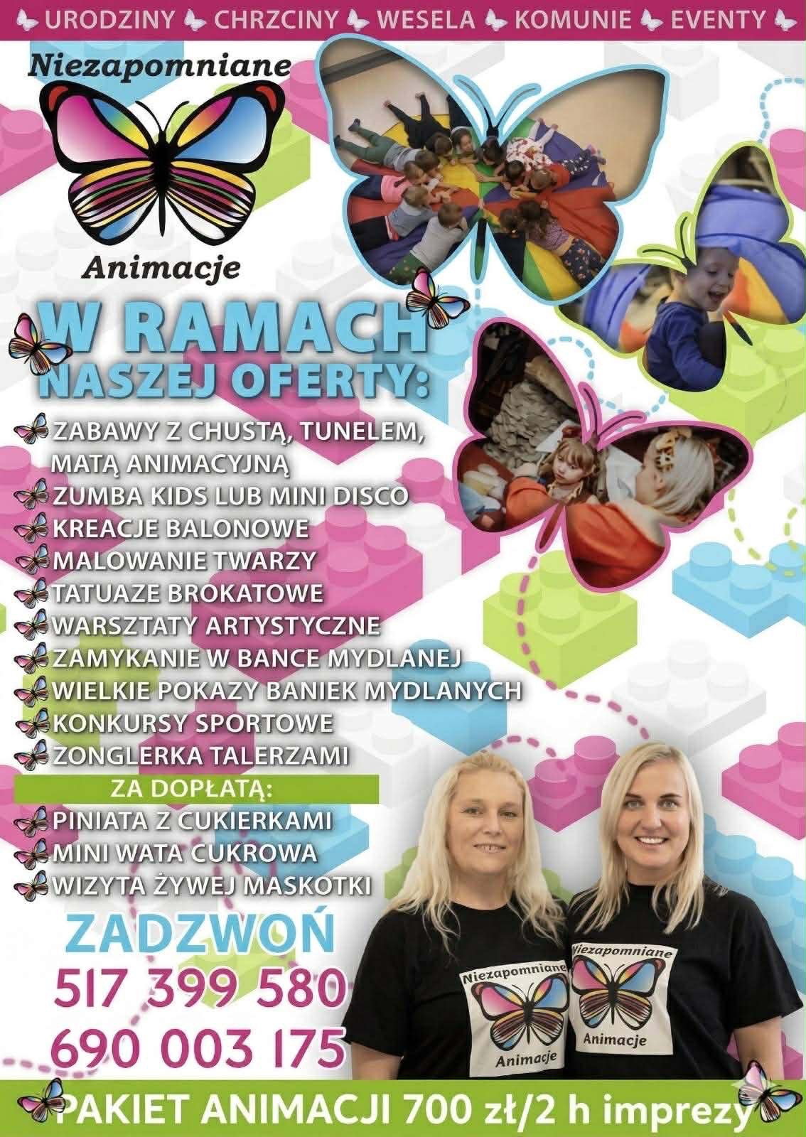 Plakat oferty Niezapomniane Animacje — lista atrakcji i kontakt